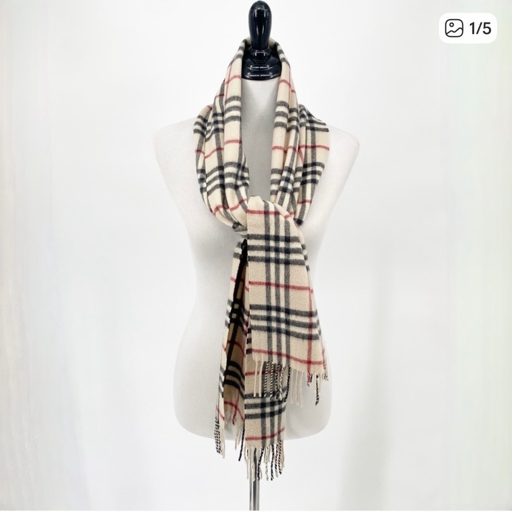 Burberry 100% Cashmere Classic Nova Check Long Fringe Scarf in Stone